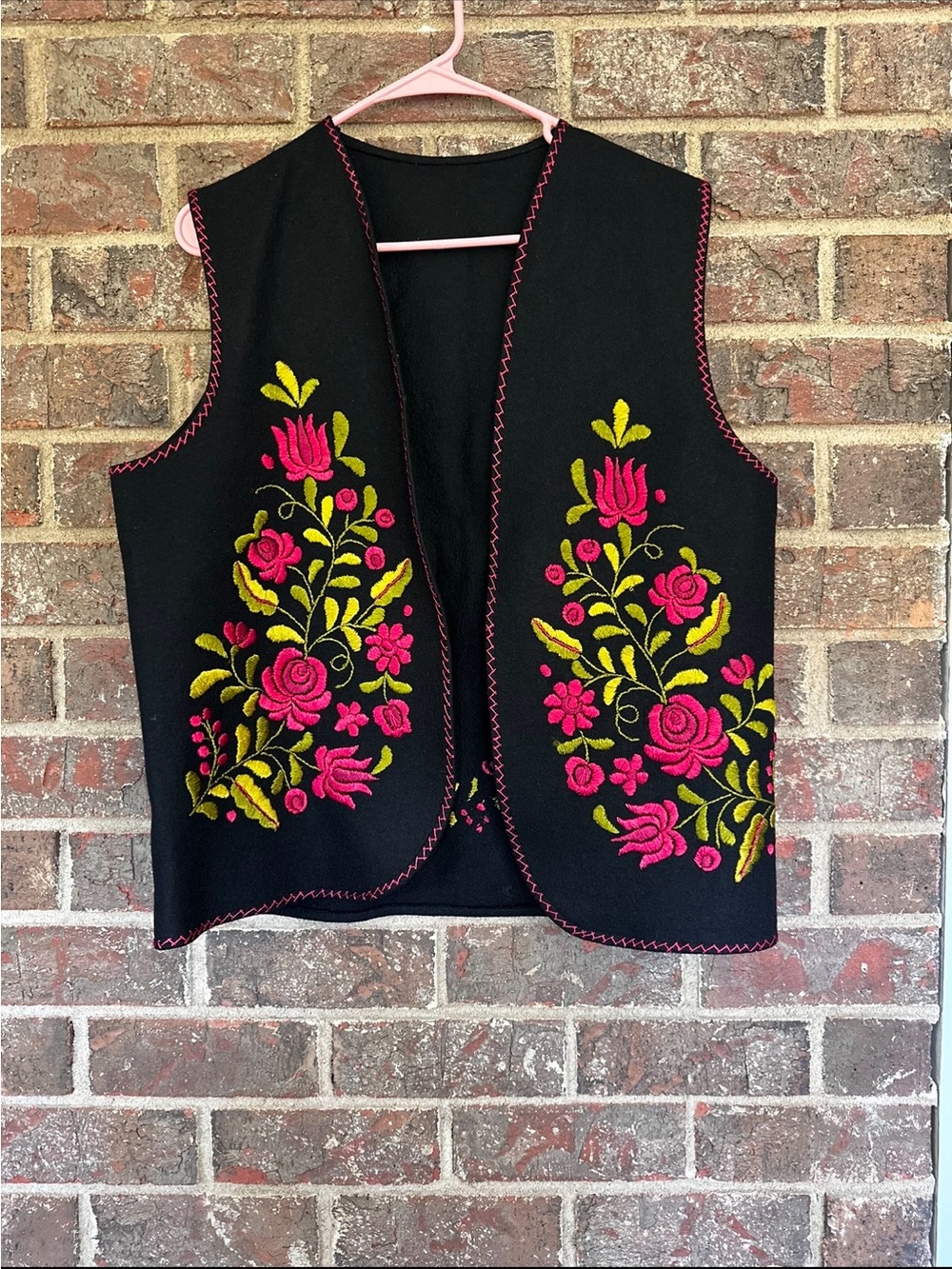 Vintage 1970s Hungarian Matyo Embroidered Wool Vest Folk Art Boho Floral Gilet